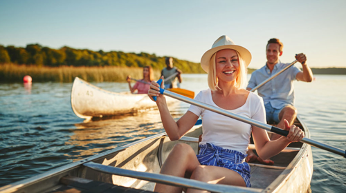 Woman rowing on boat with partner over lake