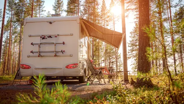 Motorhome in Southwest Washington forest campground financed with RV loan from People’s Community Federal Credit Union