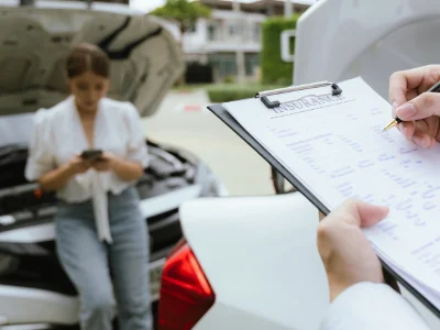 An insurance adjuster filling out a claim form on a clipboard with a stressed driver using her phone beside a broken-down car.